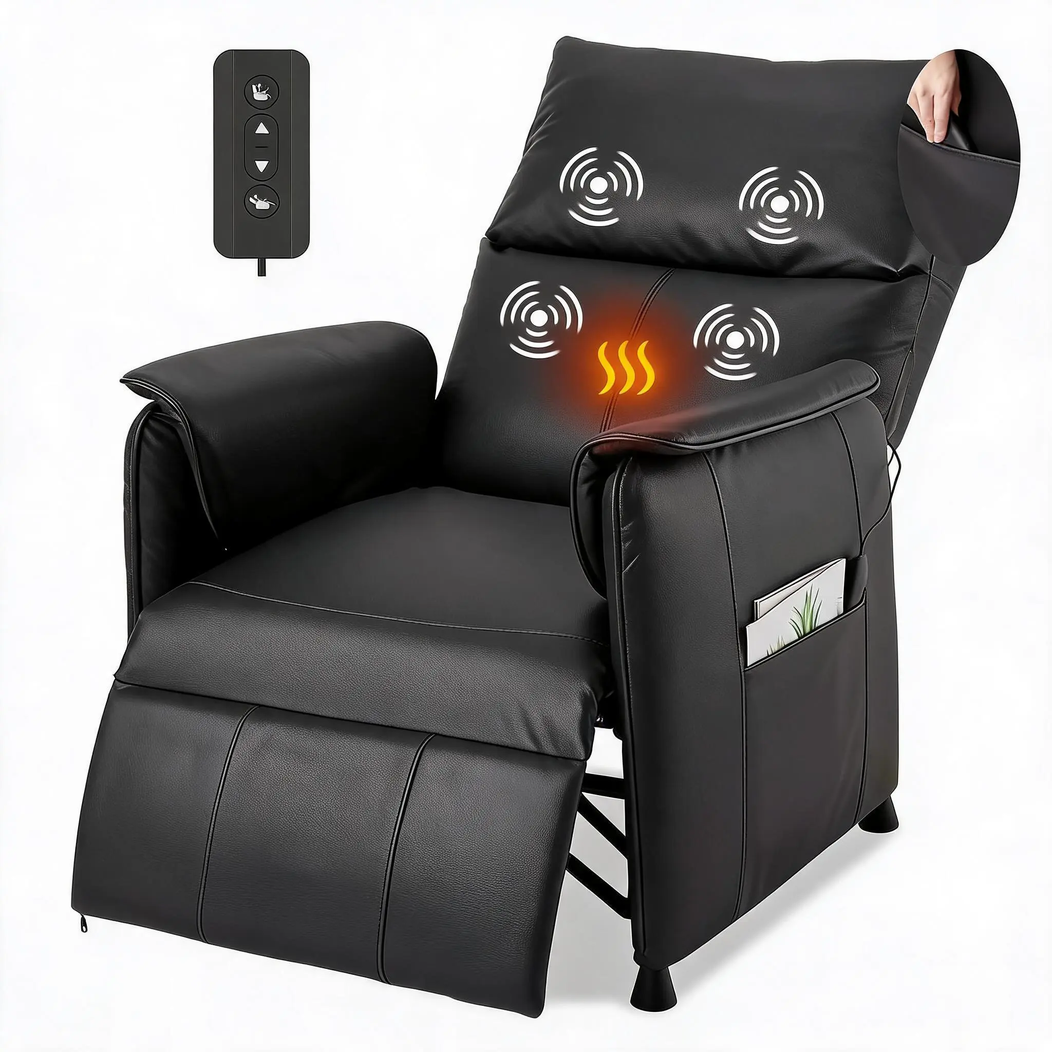 Black PU Leather Adjustable Recline Electric Recliner Sofa Bed - Single Sleeper Chair with Massage, Heat, Remote Control - Living Room, Office Home Theater Seating