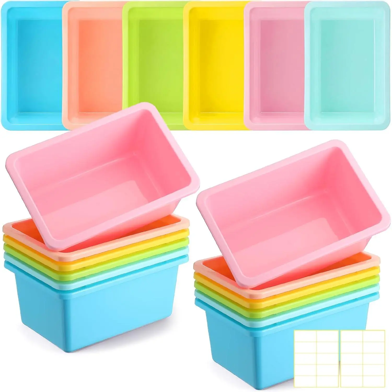 12 count Plastic Cubby Bins with Labels Classroom Book Bins Stackable Storage Container Durable  Storage Organizer Baskets for School Classroom Office (Classic,Light Color)