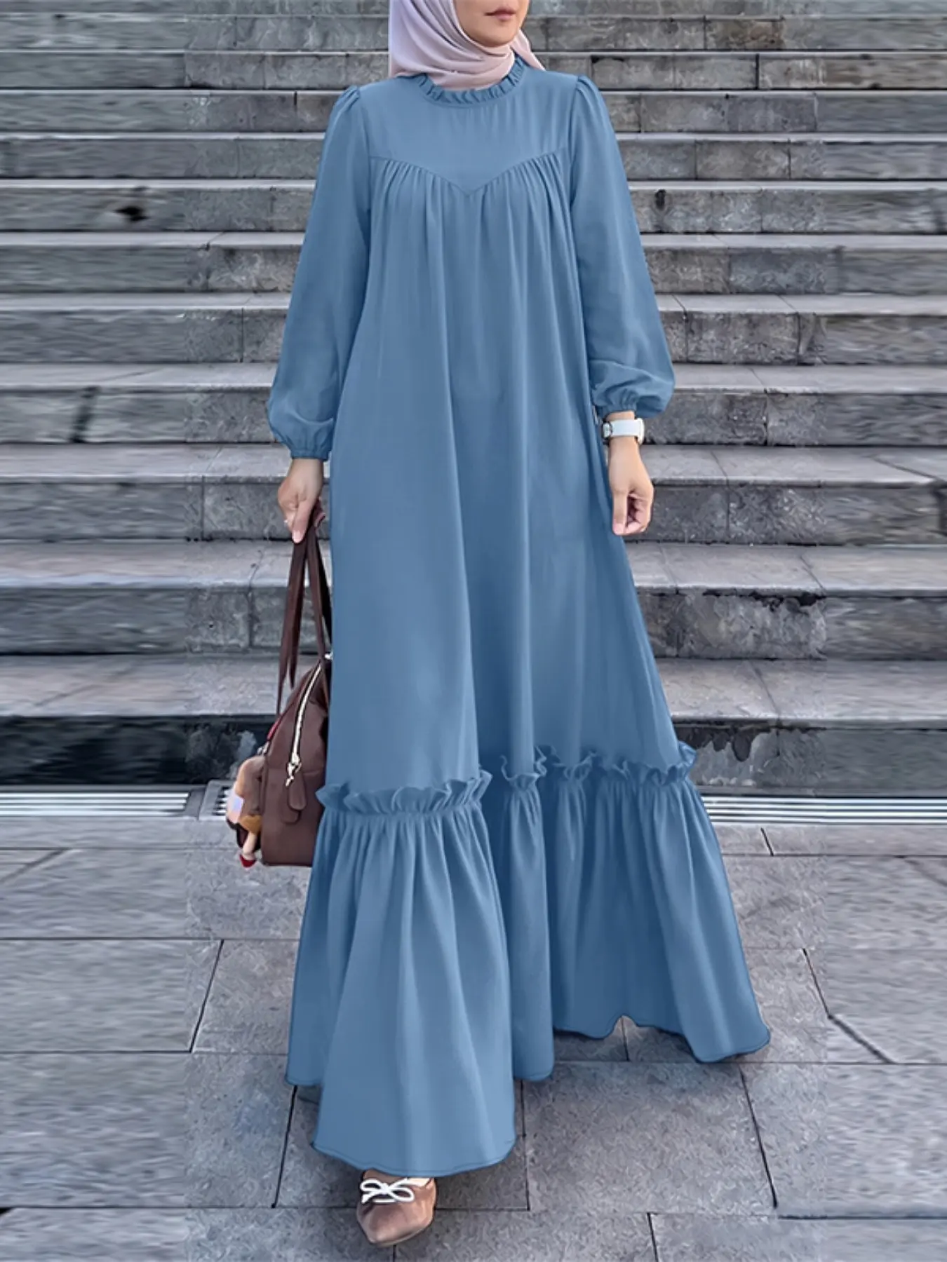 Women's Ruffle Hem Loose Long Sleeve Plain Color Dress, Casual Long Dress for Daily Wear, Spring & Fall Fashion, Hijabi Cute Dresses