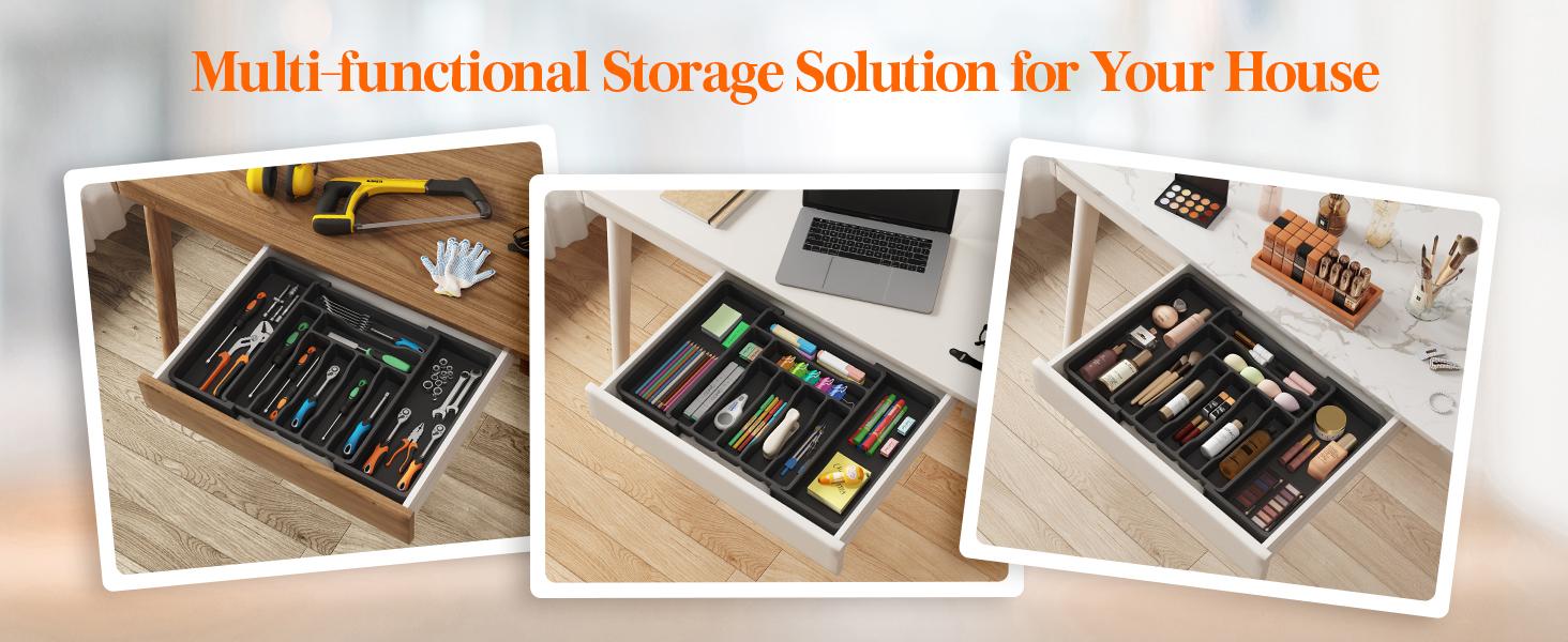 Utensil Organizer for Kitchen Drawer, Expandable Cooking Silverware Tray, Adjustable Cutlery Flatware Holder, Plastic Spatula Tools Storage Divider, 13-22.4 x 15", Black