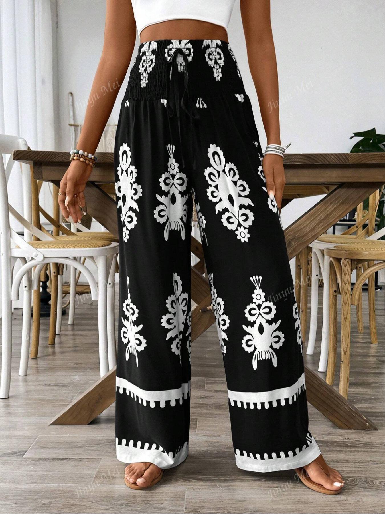 Women's Ethnic Pattern Shirred Tie Front Wide Leg Pants Comfy High Waist Trousers for Daily Holiday Vacation Wear, Ladies Casual Chic Bottoms for All Seasons, Boho Fashion Trousers