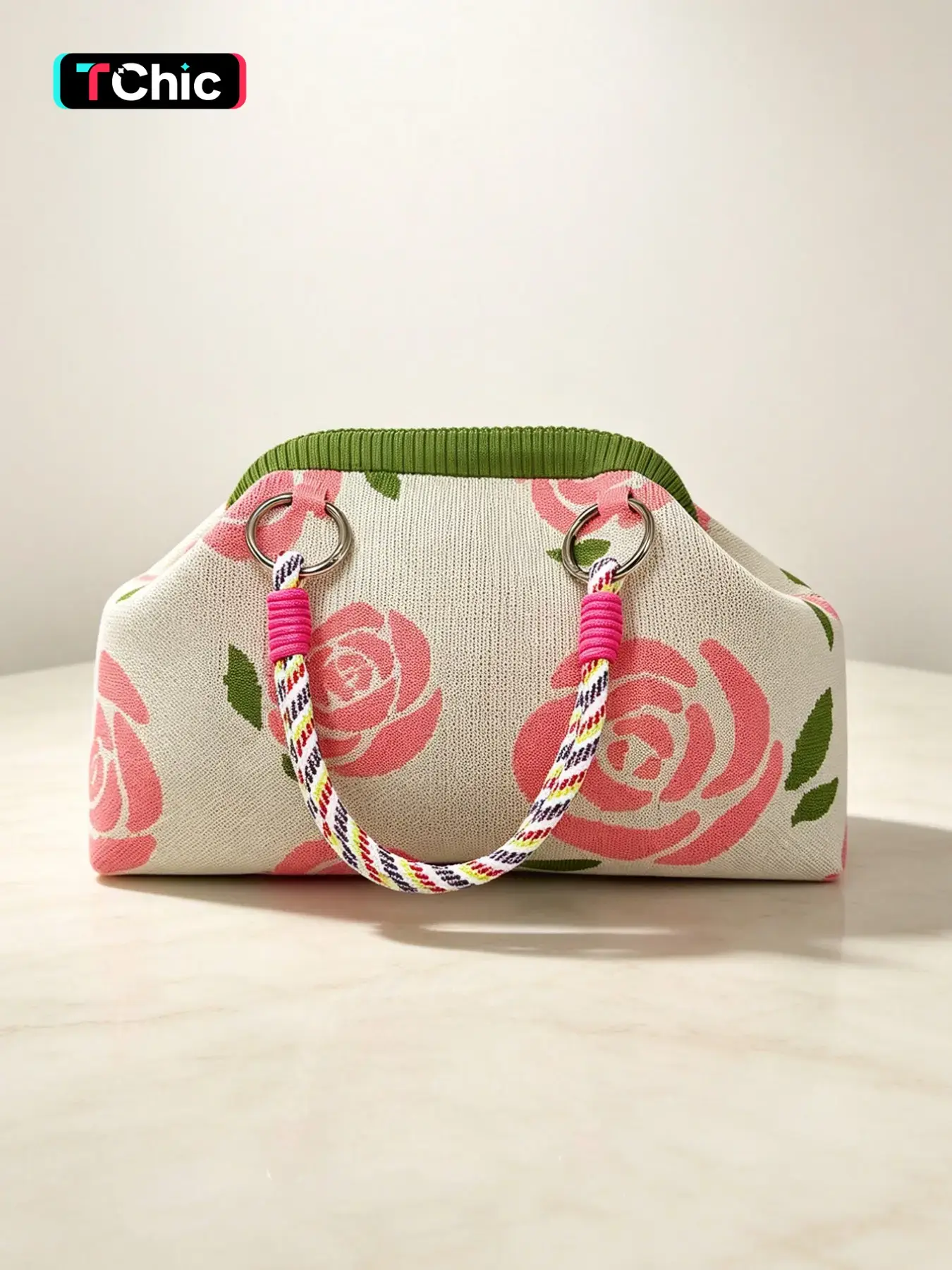 Women's Knitted Clutch Bag, Floral Pattern, Detachable Colorful Woven Handle, Elegant Half Moon Bag, Perfect for Daily Use, Travel, Shopping, Parties