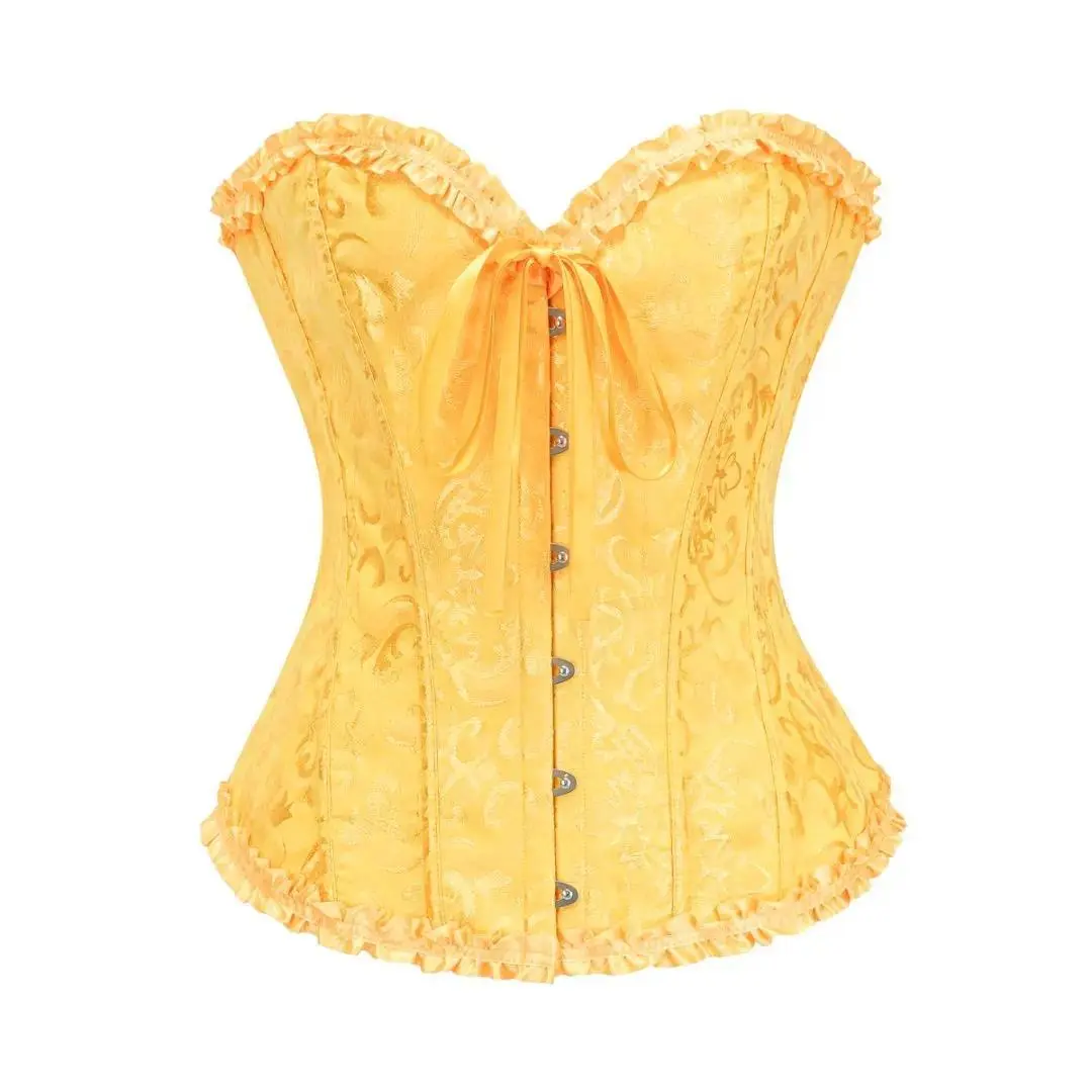 Women's Victorian Gothic Boned Overbust Corset - Yellow Dobby Fabric, Lace-Up Closure, Ruffled Trim, Aesthetic Rose Light Orange Sexy Shapewear Bustier Top Vintage Corsage