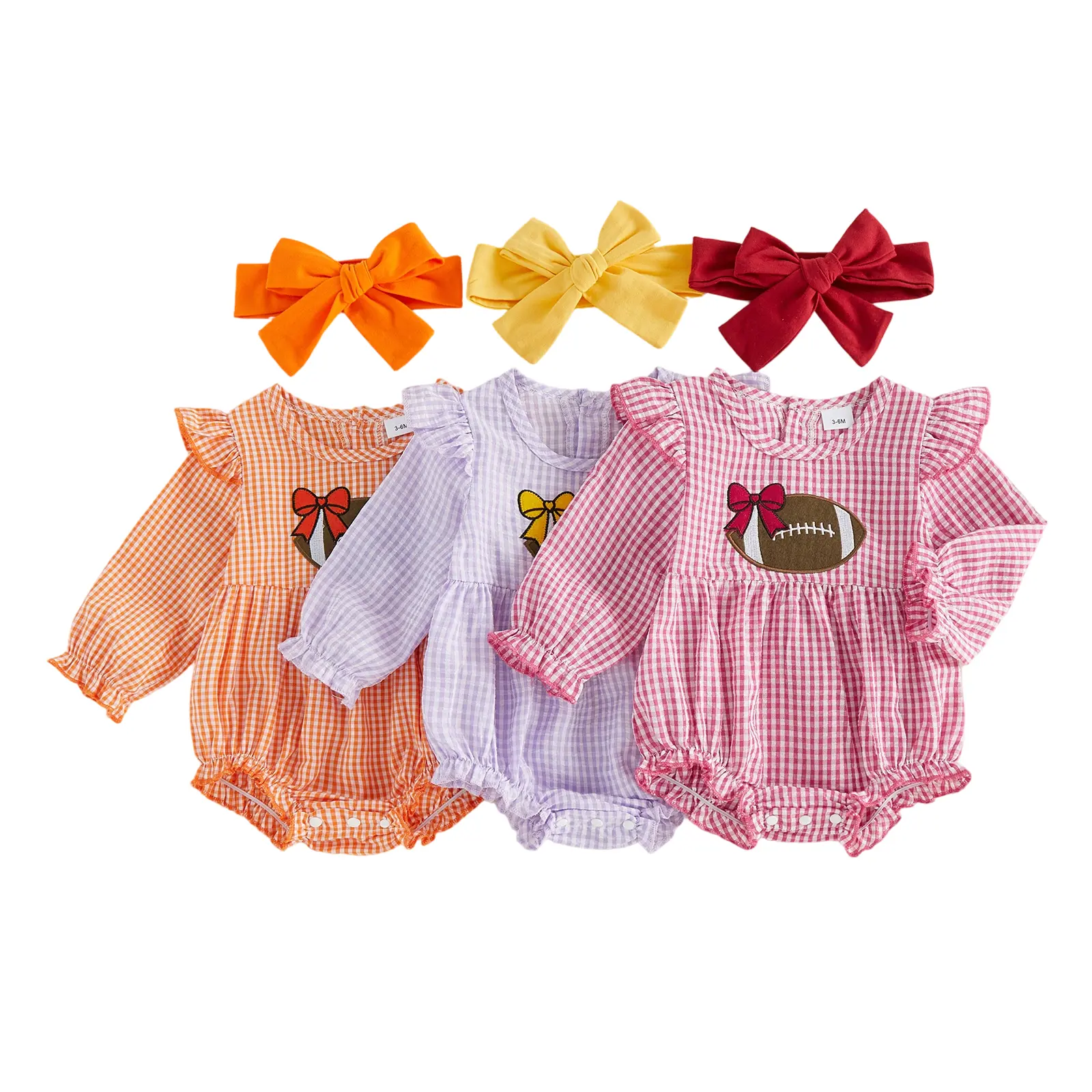 Infant Baby Girl Plaid Romper Football Embroidery Long Sleeve Bodysuits Jumpsuits with Headband 0-18 Months
