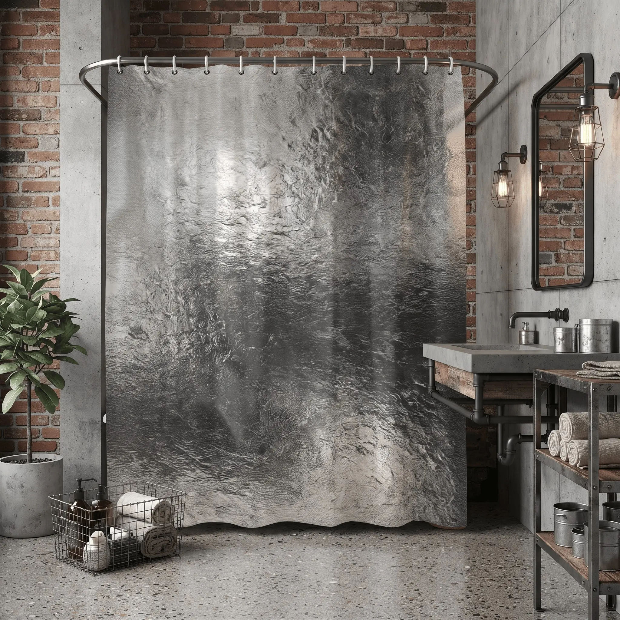 1pcs Industrial Chic Silver Color Distressed Texture Modern Shower Curtain, Floral Pattern Bathroom Decor, Elegant Abstract Design for Luxury Home Spa and New Year Eve Celebration Party Refresh