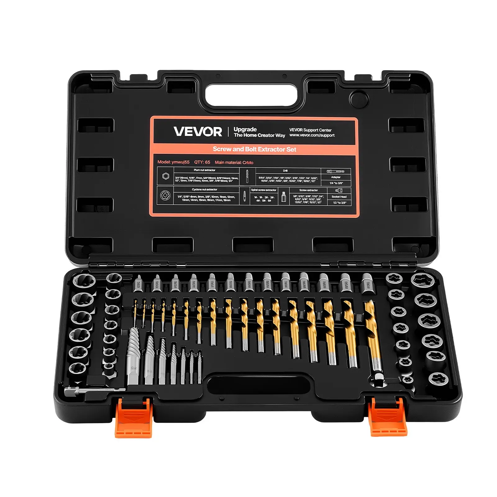 VEVOR Multi-Function Metal Screw Extractor Set - 65-Piece Easy Out Nut Bolt Extractors, Drill Bits, Adapters, Solid Storage Case, Cr-Mo Steel for Furniture Repair & Removing Rounded/Broken/Stripped Fasteners, 65 Pieces, Multi-Function Extractor