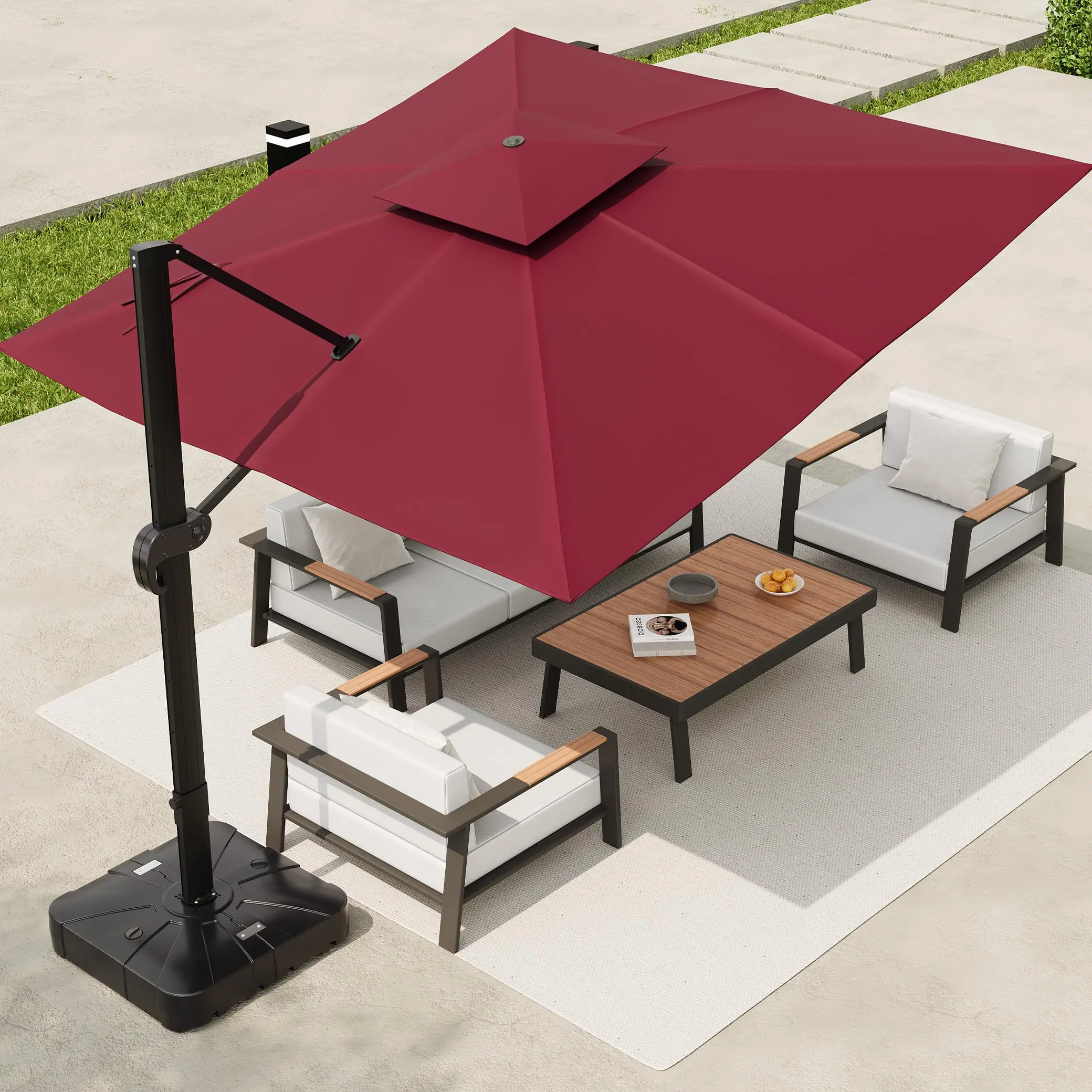 10x10 FT Square Cantilever Patio Umbrella with Base, 360° Rotation & Height Adjustable, Heavy Duty Aluminum Outdoor Umbrella, Double Top Vent for Garden, Deck, Poolside