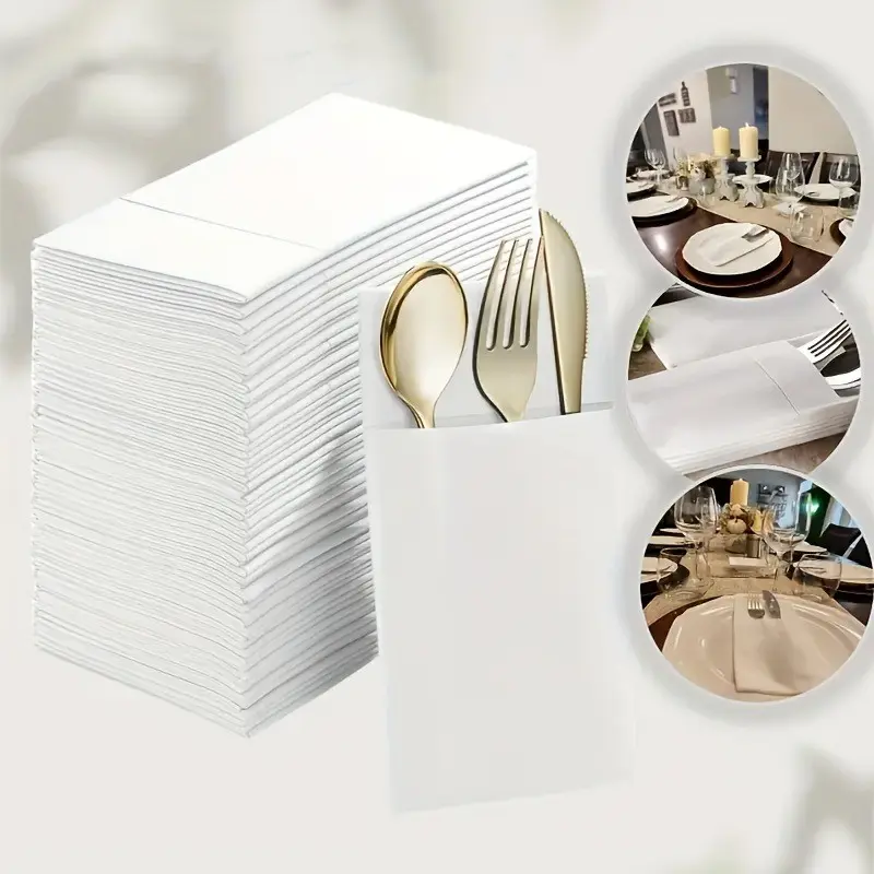 100/25/1 Disposable Party Napkins, Dinner Napkins, Utensil Pocket, Linen Texture, Absorbent, Ideal for Eid and Weddings, No Cleanup Needed, Disposable Tableware Supplies