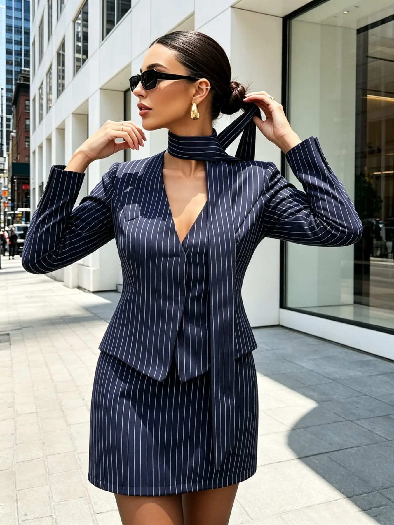 Women's Executive Striped Suit Set, Deep V Blazer Vest, Mini Skirt, Commuter, Business Casual, Essential Business Attire, Elegant Professional Wear, Urban Office Style, Business Casual Suits, Fashion Suit