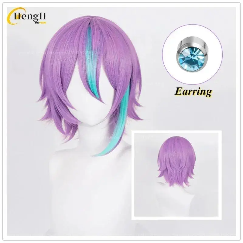 Kamishiro Rui Cosplay Wig Synthetic Anime 35cm Purple Highlights Blue Wig And Earring Heat Resistant Hair Halloween Party Wigs