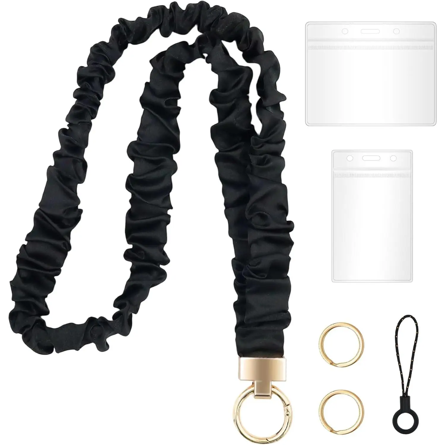 Stretchy Scrunchie Lanyard with 2 ID Holder for ID Badges and , Cute Stretchy Teacher Lanyard, Black Retractable Scrunchie  Strap  for Teacher, Nurse, Cruise Ship