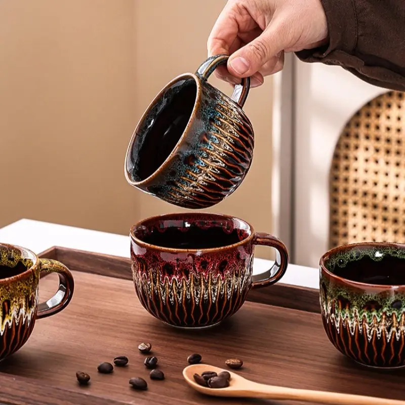 Aesthetic Rustic Reactive Glaze Ceramic Coffee Mug, Retro Vintage Textured Ribbed Tea Cup, Large Capacity Handmade Style Everyday Drinkware for Office Home Daily Use, Cute Couple Mug, Perfect Housewarming Wedding Favor Gift for Coffee & Tea Enthusiasts