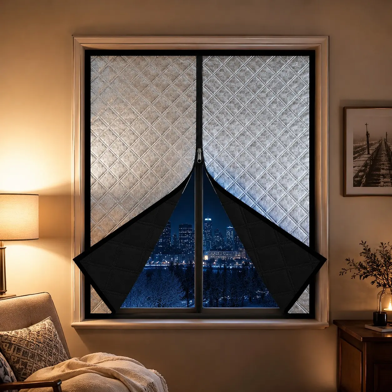 Zipper Thermal Quilted Curtain, No-Drill Self-Adhesive Window Cover, Windproof Blackout Cold-Blocking Curtain for Cozy Winter Rooms, Blackout Bedroom Curtains