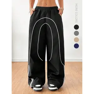 2026 New Stylish Girls' Back-to-School Baggy Sweatpants - Woven Strap, Black Wide-Leg, Urban Streetwear Pants, 80s Gym Pants, Barrel Sweatpants, Clothes for Outdoor Activities