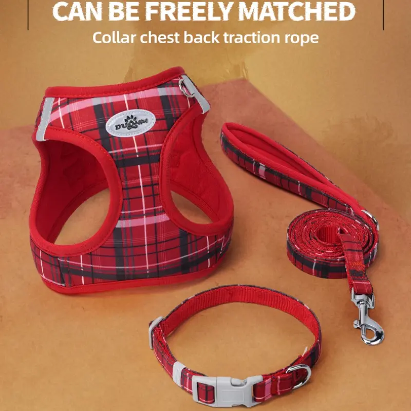 Small Dog Harness and Leash Set for Puppies - Harness Leash Combo 3 Pieces Step in No Pull Vest & Collar, Extra Small Kitten Harness, Breathable Reflective Plaid, Padded Leash