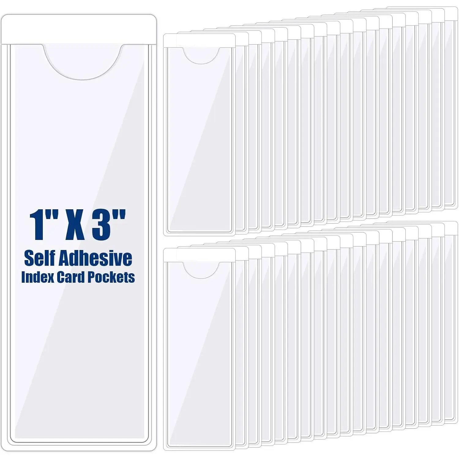50 Pack 1" x 3" Clear Adhesive Pockets, Index Card Pockets with Top Open Loading, Plastic Labels Holders for Organizing Storage Bins, Library Card, Drawer, and Protecting Your Cards