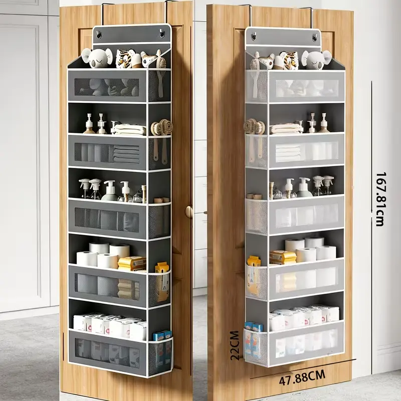 No-Drill Over The Door Organizer, 5-Tier Hanging Storage Pocket with 2 Metal Hooks, Heavy Duty 600D Oxford Fabric Door Hanger for Cosmetics, Towels, Toys, Baby Diaper Organization