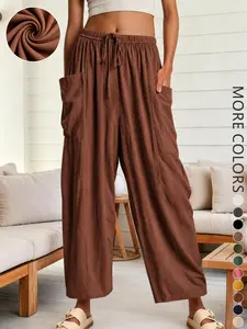 New Spring & Fall Loose Fit Casual Lantern Pants, Elastic Waist, High-Waisted Pleated Wide Leg Pants, Suitable for Women