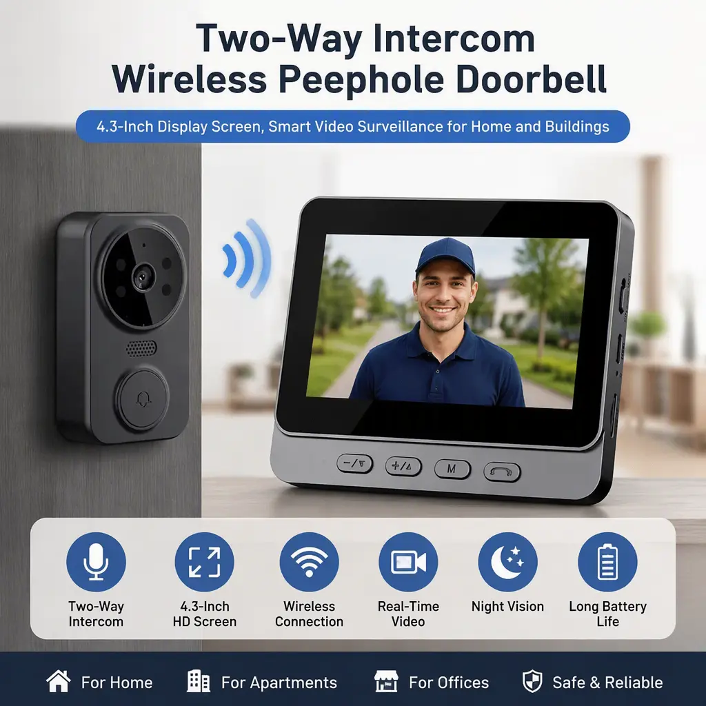 Smart Wireless Peephole Video Doorbell, 4.3‑Inch Display Screen, Two‑Way Intercom for Household and Building Surveillance
