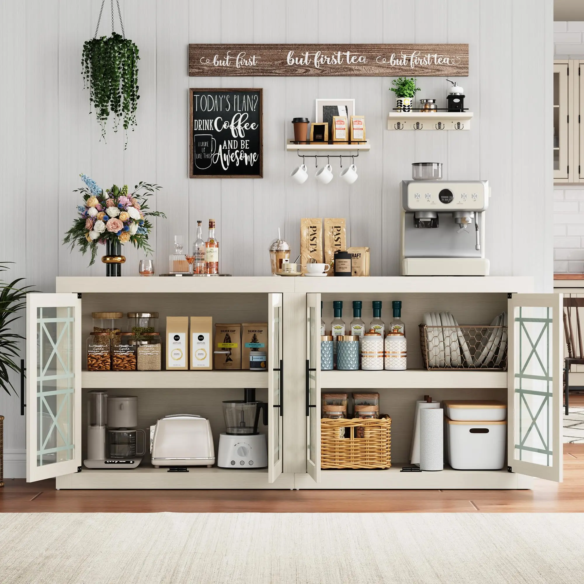 71" Large Buffet Sideboard with 4 Glass Doors, Modern Tall Coffee Bar Cabinet with Storage for Dining Room, Kitchen & Living Room
