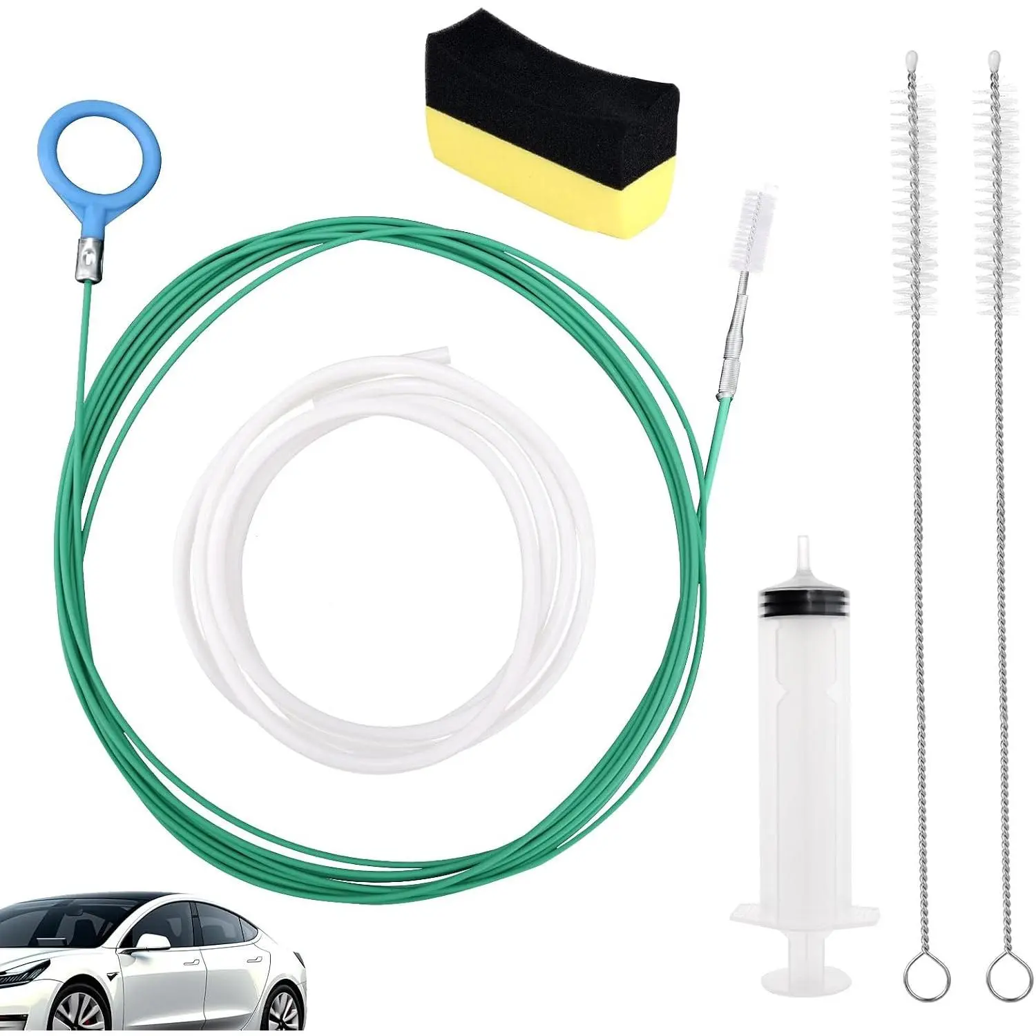 Auto Sunroof Drain Cleaning Tool Full Kit, Extra-Long Flexible Nylon/PVC Wire Unclogger with Rotating Head Straight Brush, Leather Hose, Sponge & Round Handle for Windshield AC Line Pipe Detailing