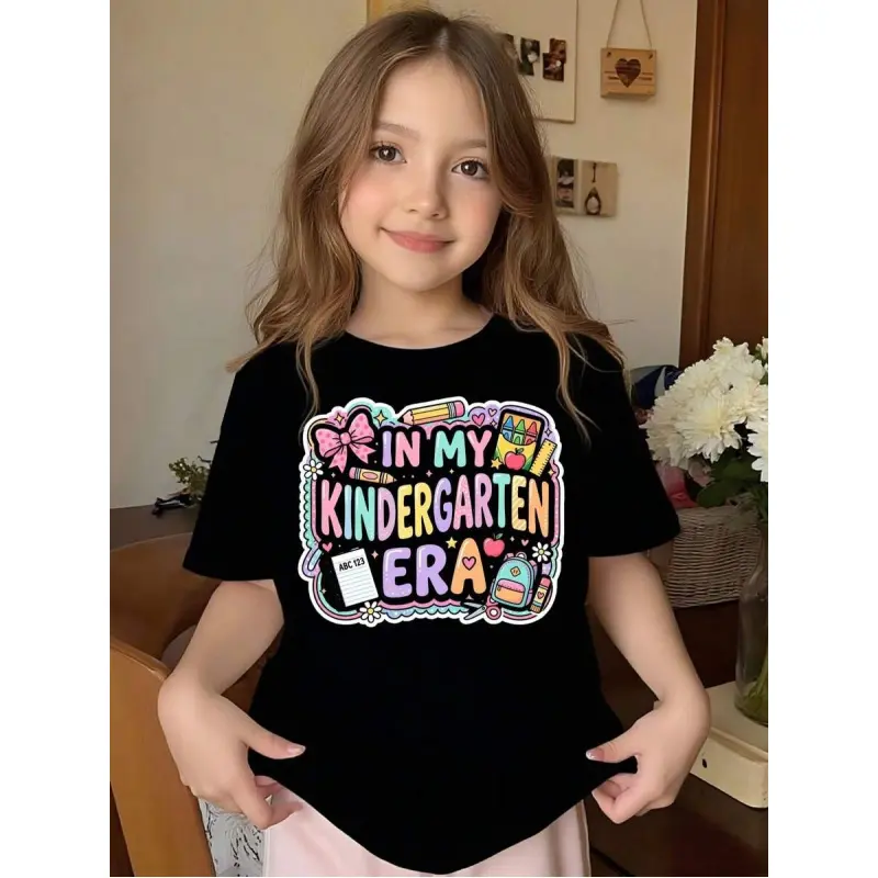 Kids' Clothing Cartoon Style Child-Sized Girls' T-Shirt - In My Kindergarten Era Print, Soft Cotton Short-Sleeve Casual Top for 10-11 Years First Day Activities, Athletic