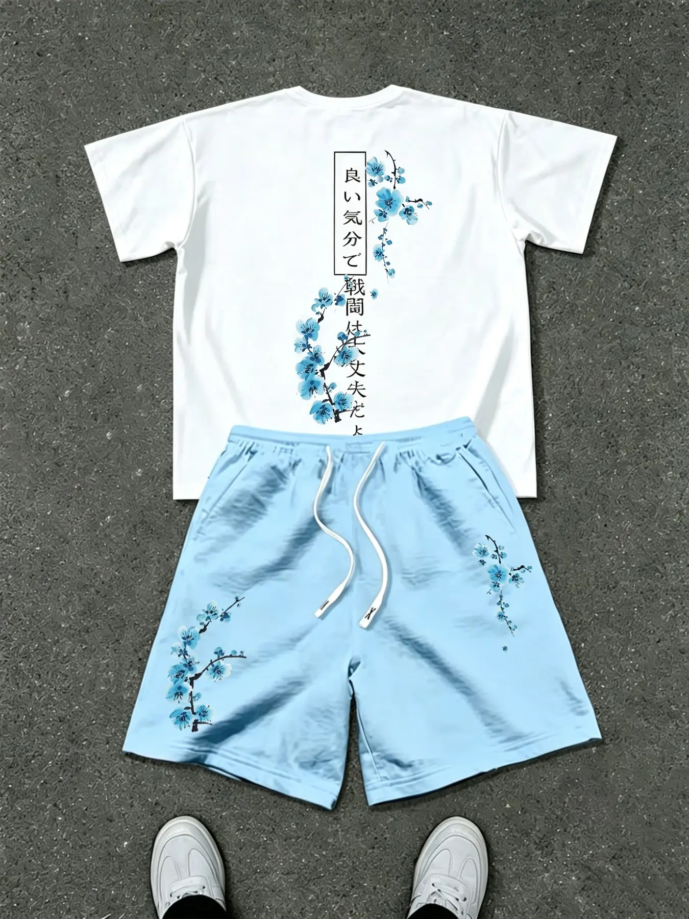 Men's Summer Streetwear Set, Short Sleeve Tee + Drawstring Shorts, Plum Blossom & Japanese Text Print, Casual Sporty, Menswear Outfit