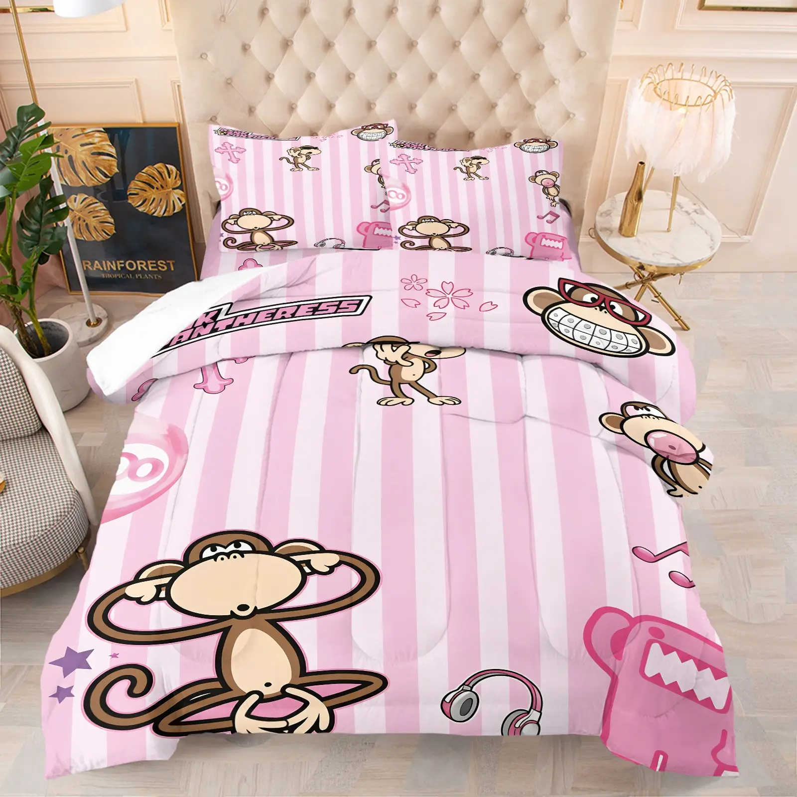 Pink White Striped Cartoon Funny Music Monkey Comforter Set-Pink Hip Hop Bedding-Q Version Monkey with Trendy Elements-Unique Bedroom and Dorm Decor-Includes 1 Quilt + 1-2 Pillowcases without Core
