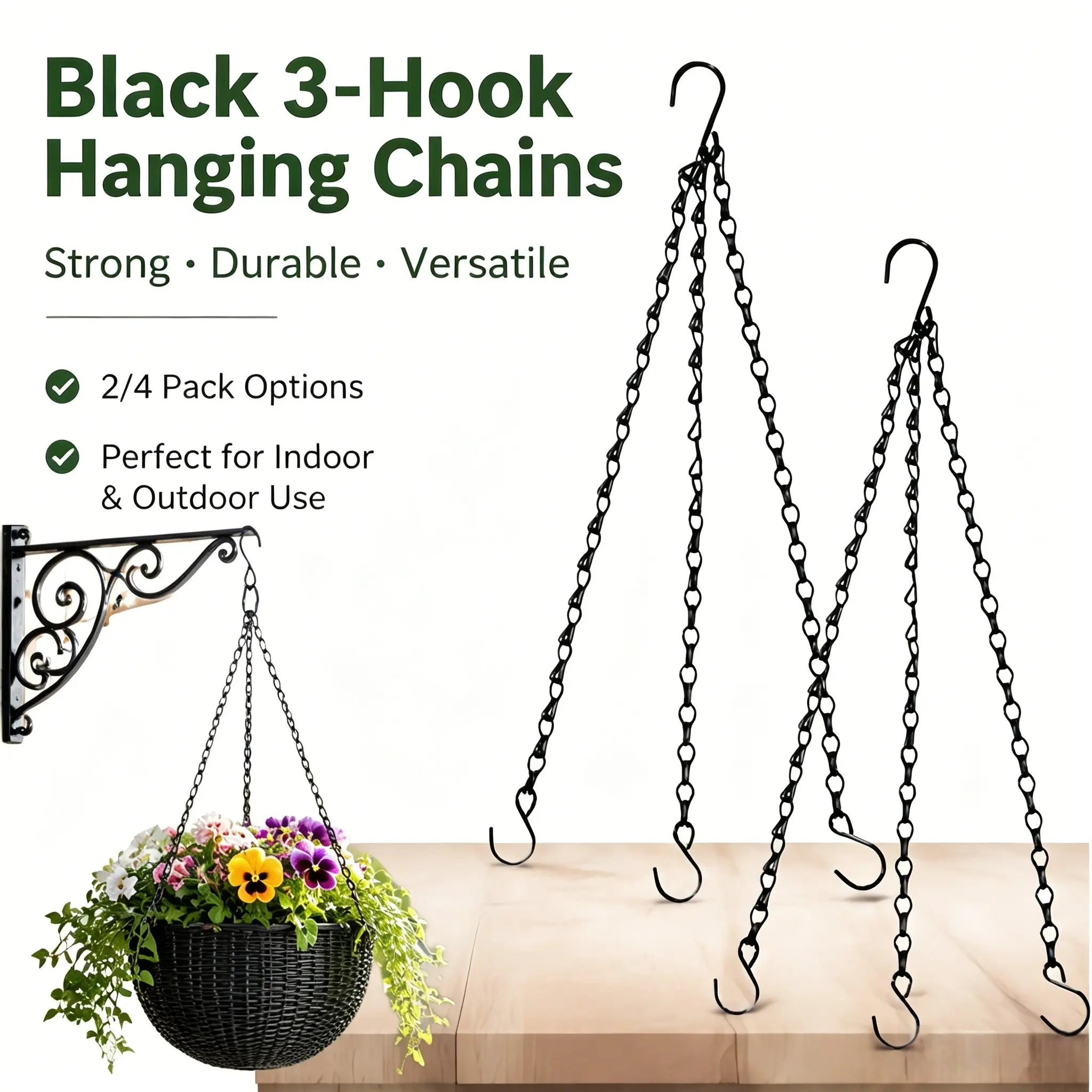 Heavy-Duty Plant Hanging Chain, Black Triple Hook Height Adjustable Design Chain, Suitable for Flower Pots, Baskets, and Bird Feeders, Indoor & Outdoor Decoration Plant Hangers (2/4 Pack)
