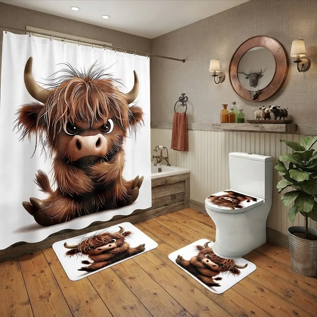 4pcs Cute Fluffy Highland Cow Shower Curtain Set with Rugs, Cartoon Cattle Portrait, Bath Mat & Toilet Lid Cover,The floor mat fabric is thicker and softer!  Elegant Bathroom Decor