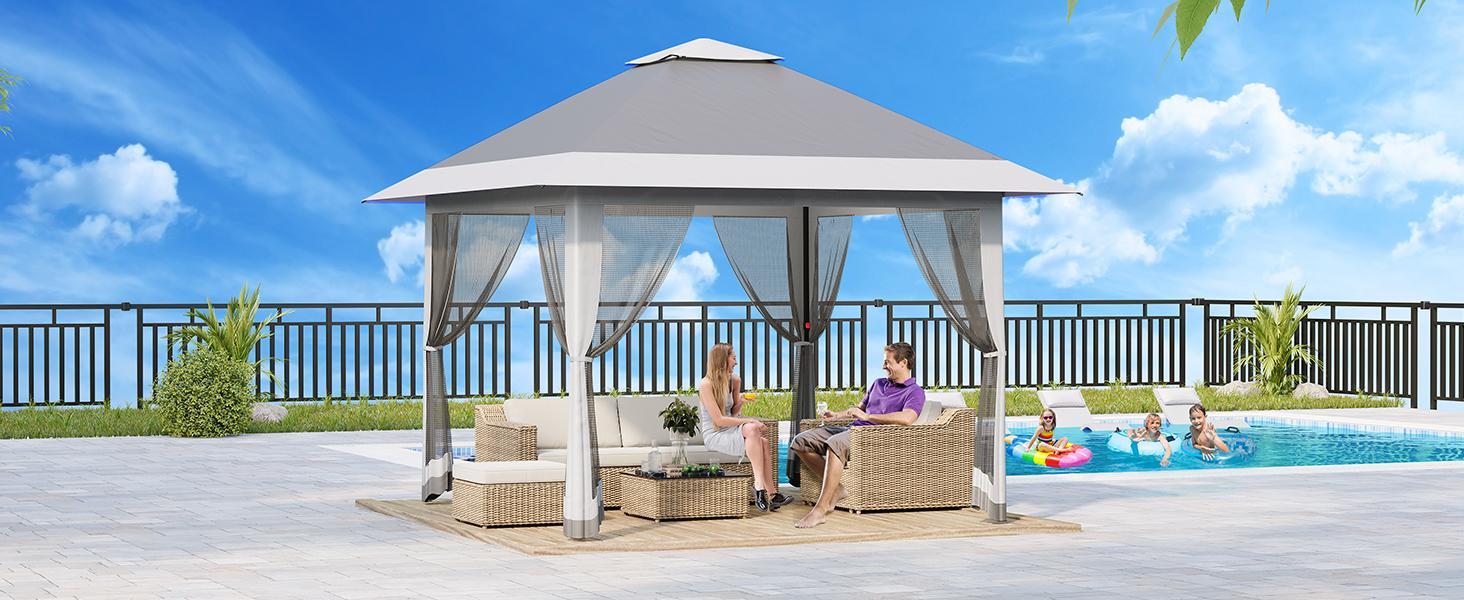 13x13FT Pop Up Gazebo, Outdoor Canopy Tent with Mosquito Netting, Pop Up Canopy with Double Roof Design & Adjustable Height, UV-Resistant Patio Gazebo Sunshade for Graden/Backyard/Lawn/Beach (Gray)