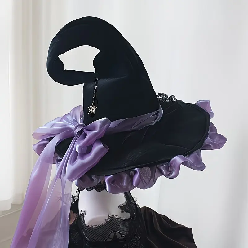 Vintage Gothic Witch Hat, Dark Lolita Style, Large Butterfly Pointed Top, Halloween Cosplay Sorceress Hat, Women's Knit Wide Brim Hat