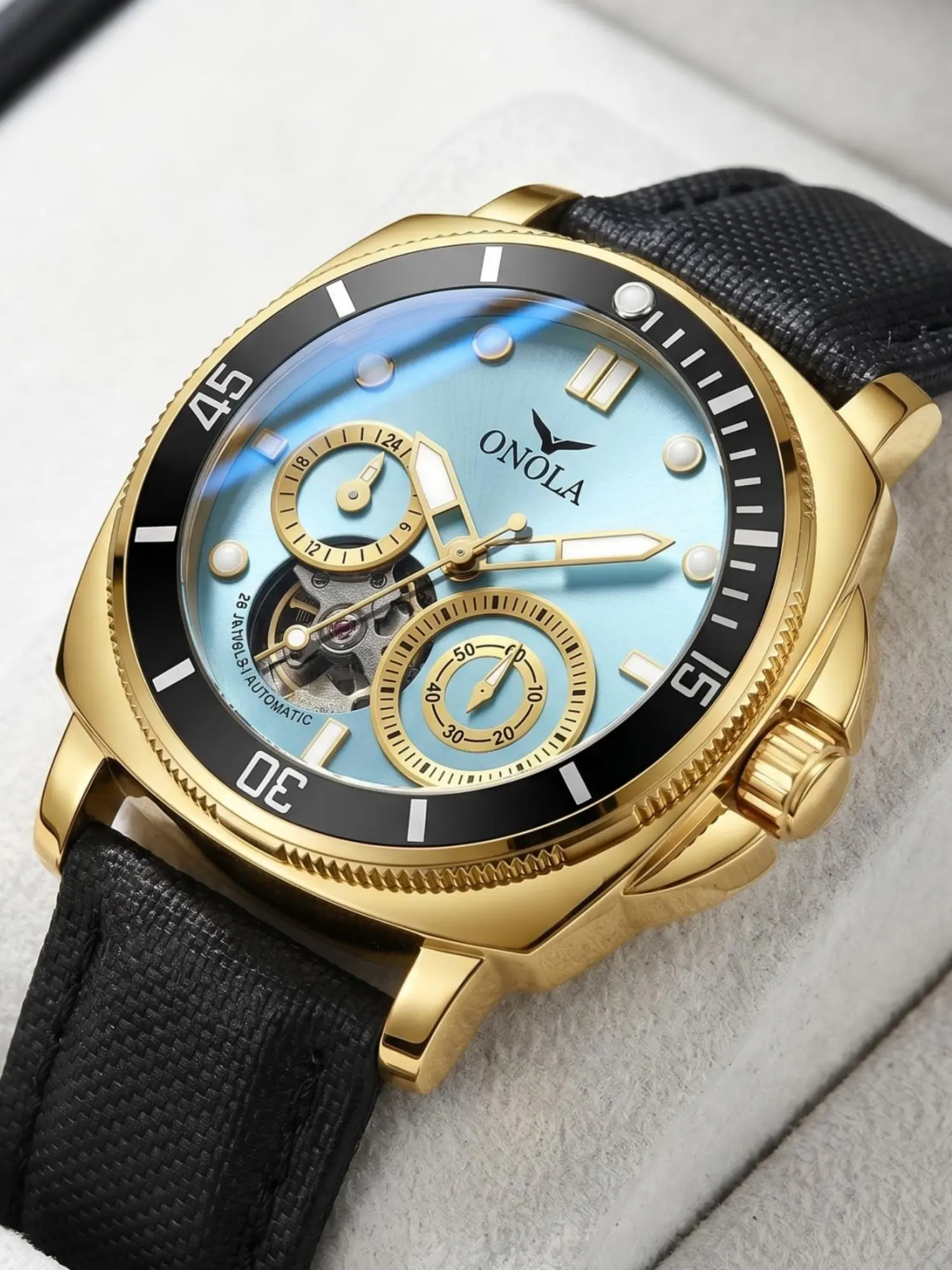ONOLA Men's Automatic Mechanical Watch, Men's Business Watch, Business Wristwatch, Luxury Fashion Watch, Luminous Skeleton Dial, Water-Resistant Canvas Strap, Business-Casual Dive-Style Men's Watch, Perfect for Holiday Gifts