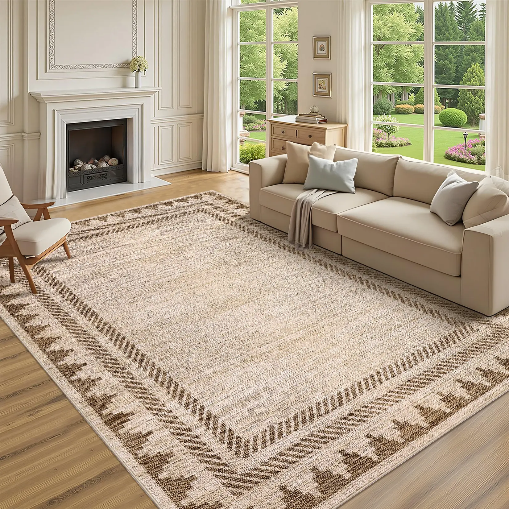 Modern Geometric Bordered Solid Rug Washable Rugs with Non Slip TPR Backing, Low Pile Non Shedding Floor Covering, Soft Neutral Floor Mat for Living Room Bedroom Nursery