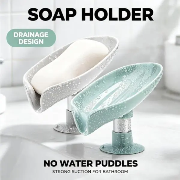 2 Pack Soap Holder Leaf-Shape Self Draining Soap Dish Holder, Not Punched Easy Clean Bar Soap Holder, with Suction Cup Soap Dish Suitable for Shower, Bathroom, Kitchen Sink (Grey + Green)