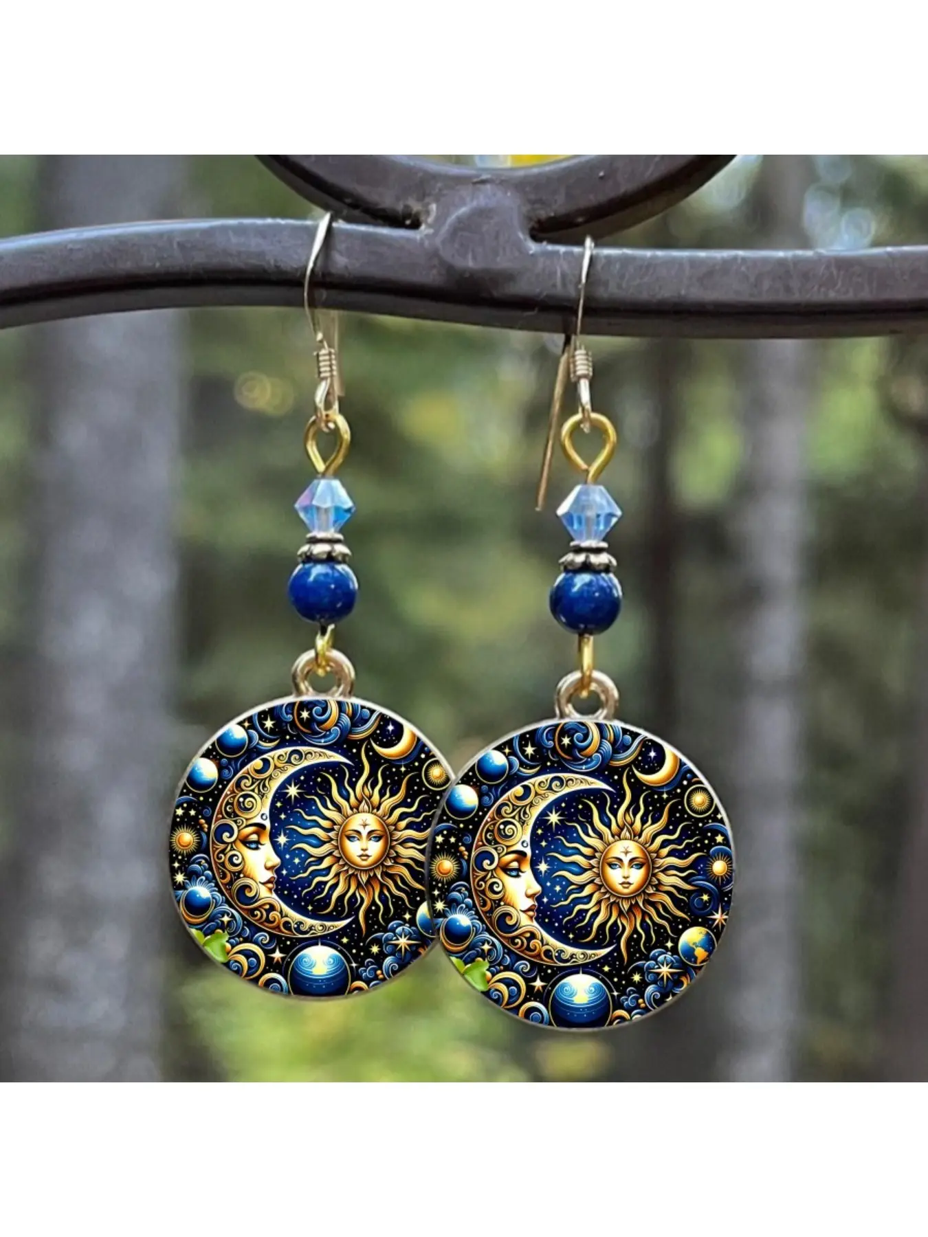 1Pair Sun Moon Celestial Round Dangle Earrings Statement Earring Crystal Bead Universe Star Drop Ear Jewelry Unique Boho Accessory For Women Girls Daily Wear Back To School Seasonal Gathering Valentine Easter Birthday Gift Supplies