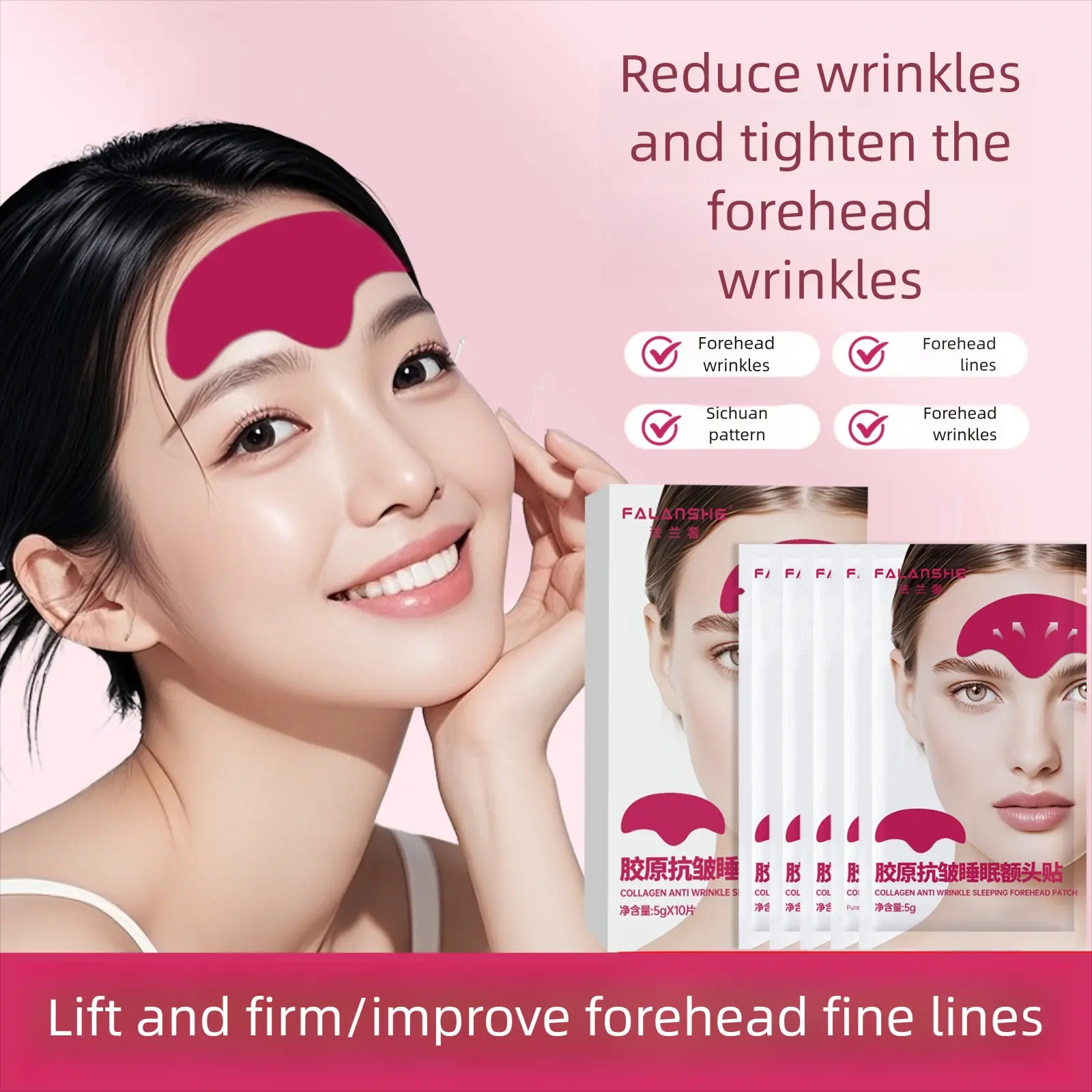FALANSHE Red Collagen Anti-Wrinkle Sleep Forehead Patch, 10 Pcs, Deep Moisture, Hydrating, 11's Frown Line Patches, Overnight Firming, Wrinkle Smoothing Care