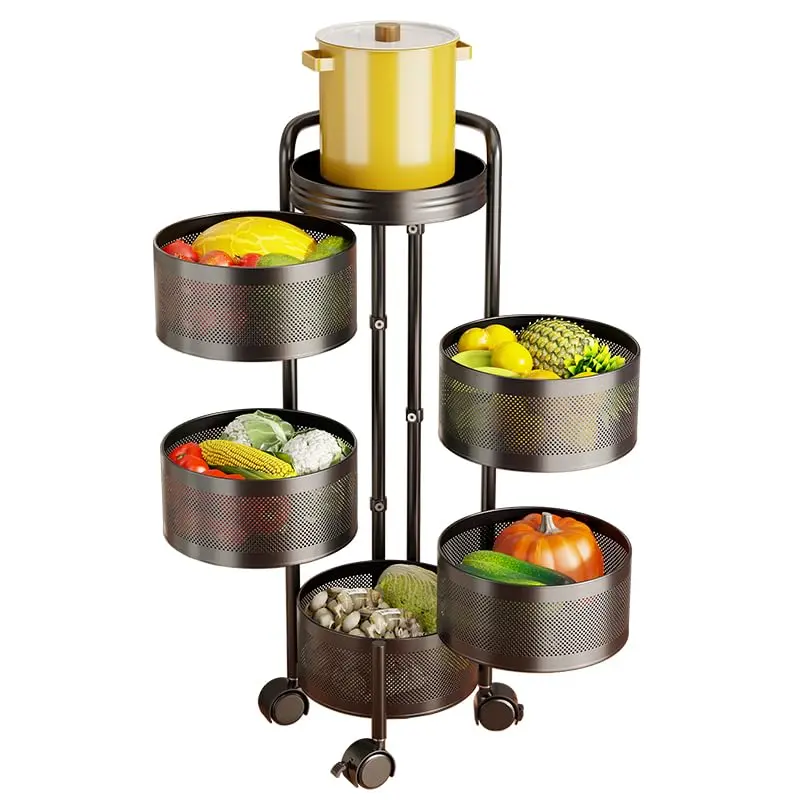 5-Tier Rotating Carbon Steel Storage Cart with Wheels - Thick Utility Basket Organizer - No Assembly Required - Multi-Purpose for Kitchen, Bathroom - Home Supplies Storage Holder & Rack