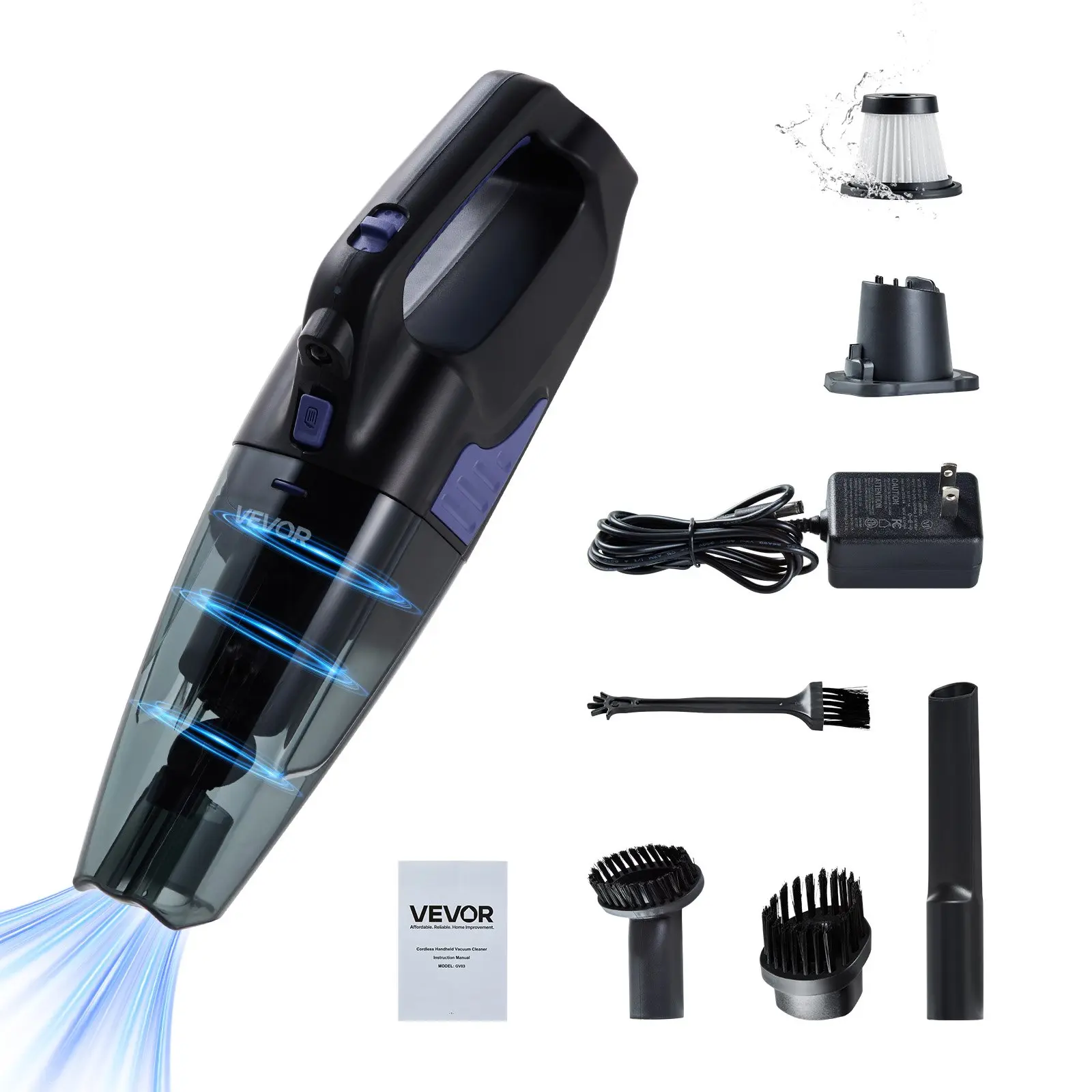 VEVOR Handheld Compact Portable Cordless Vacuum Cleaner with HEPA Filter, Brushes, 12000pa-6500pa Powerful Suction, 25-Minute Runtime, Light-Up Feature for Home, RVs
