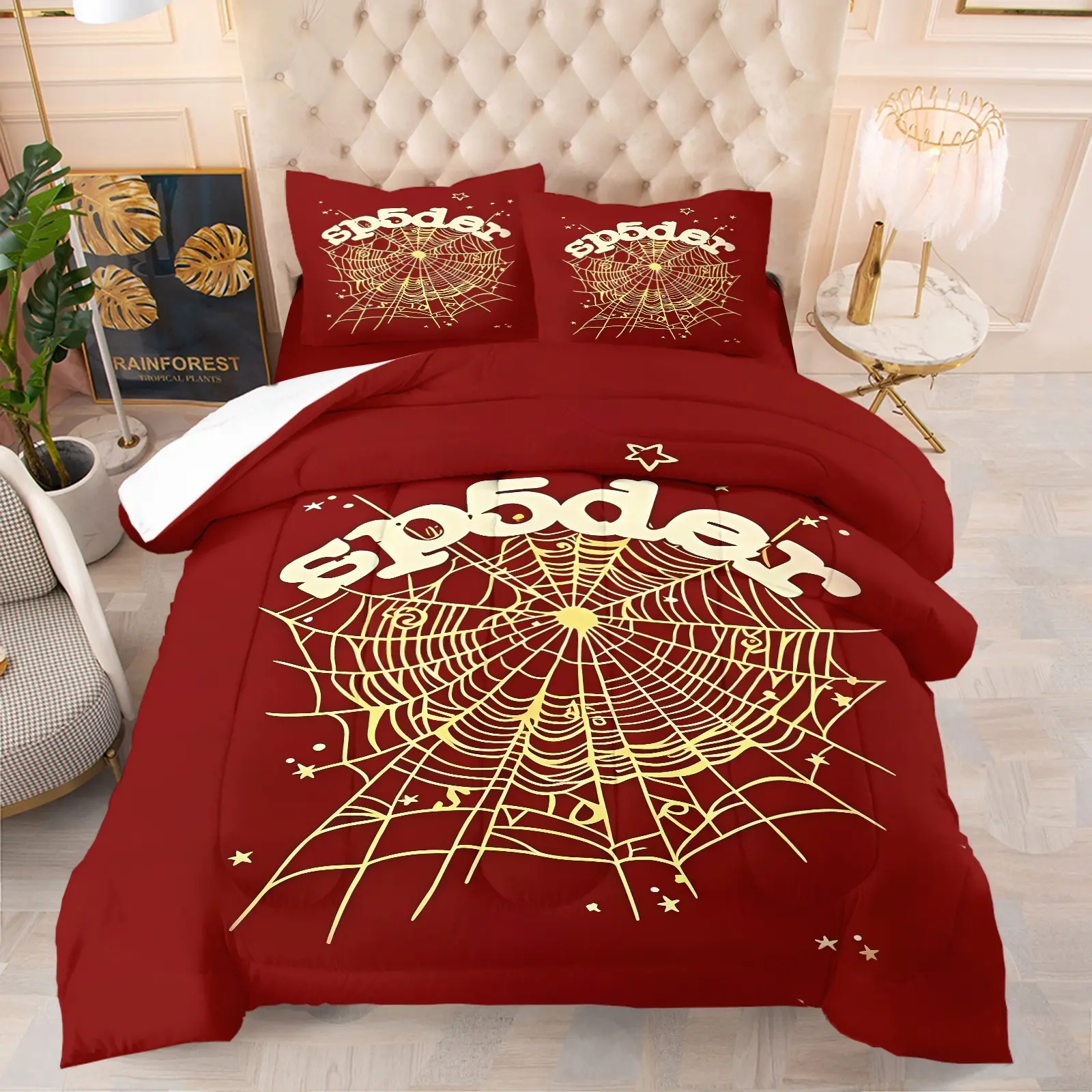 Burgundy Shiny Golden Spider Web Print Comforter Set, Soft Comfy Durable Lightweight Bedding (1 Quilted Comforter + 1‑2 Coreless Pillowcases), Stylish Gothic Spider Pattern Bedding for Teens, Perfect for Bedroom, Dorm & Apartment Decoration