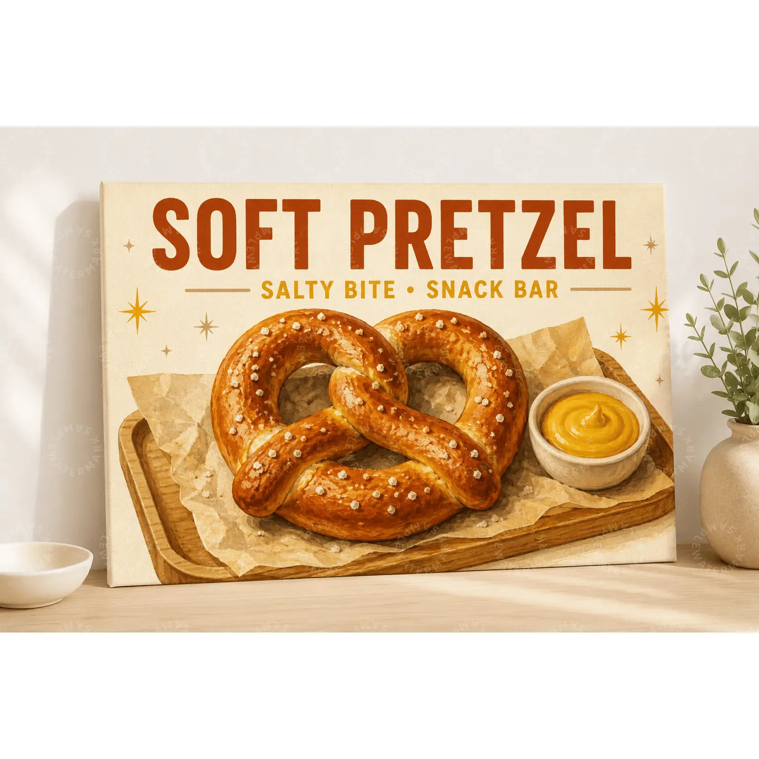 Soft Pretzel Canvas Wall Art, Snack Bar Kitchen Poster, Mustard Dip Food Print, Warm Beige Orange Bakery Decor, Dining Room Living Room Bedroom Office Aesthetic Gift