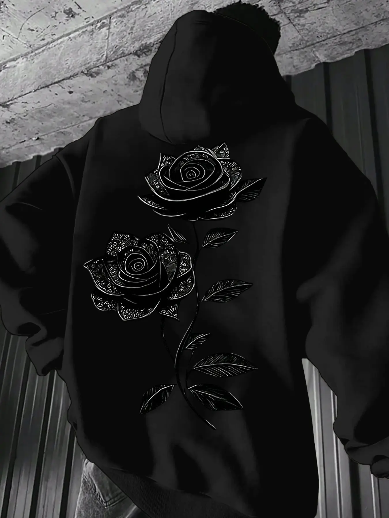 Oversized Drawstring Hoodie, Gothic Rock Hoodie, Front Chest & Back Dual Retro Black Rose Line Art Graphic Print Soft Casual Gothic Dark Aesthetic Pocket Streetwear Long Sleeve Sweatshirt #RoseHoodie #GothicStreetwear #DarkAestheticTop #TikTokMadeMeBuyIt