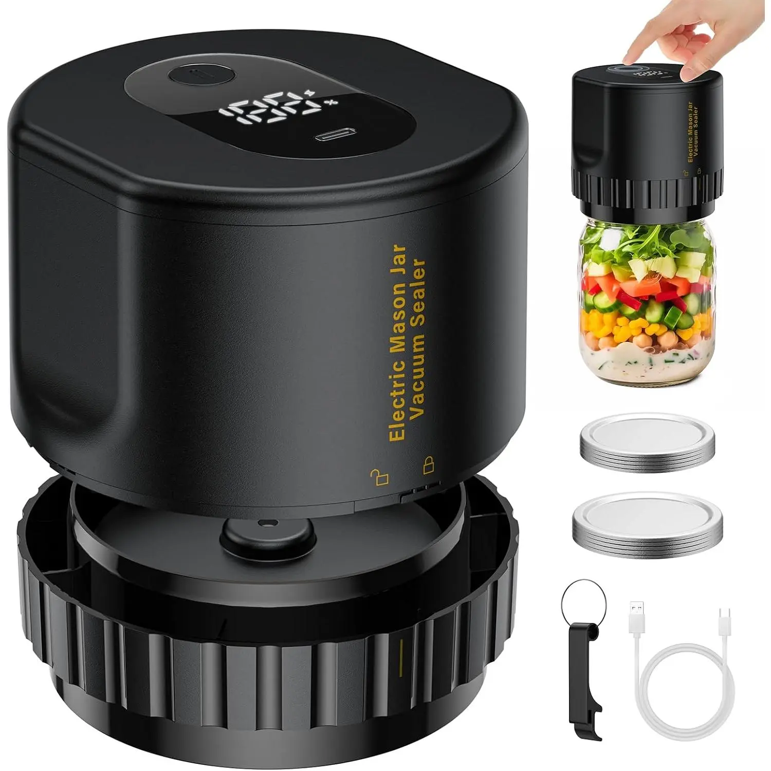 Electric Vacuum Sealer for Mason Jar - Vacuum Sealing Machine Kit for Wide Mouth & Regular Mouth Canning Jars with 10 Lids, 2000mAh Vacuum Sealer Food Saver Storage, Black