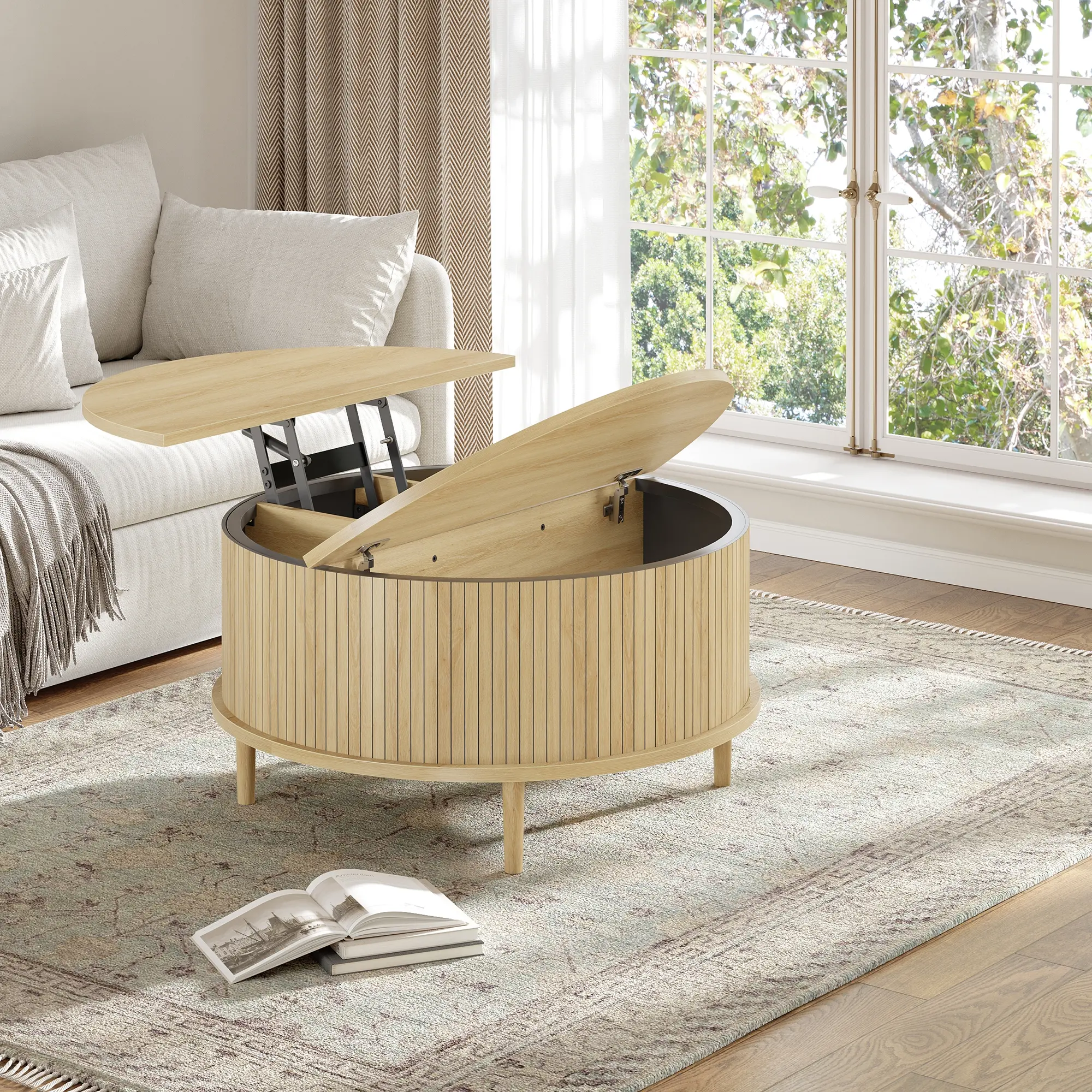 Round Coffee Table with Storage – 31.5" Lift Top Center Table, Walnut Fluted Design with Cabinets for Living Room, Modern Farmhouse Drum Table for Small Spaces