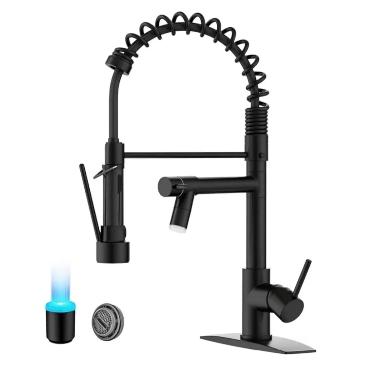 Commercial Matte Black Stainless Steel Spring Kitchen Faucet - Dual Heads, LED Pull Down Sprayer, 360° Swivel, Standard Aerator (Anti-Splash Aerator Matte Kitchen Taps with Pull Down Sprayer), Kitchen Faucets With Pull Down Sprayer