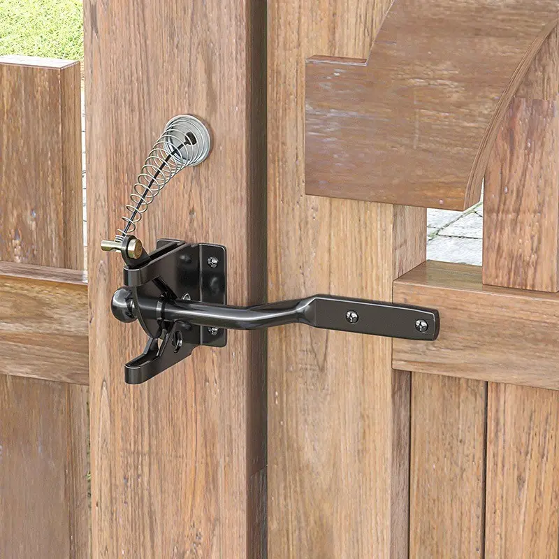 Self-Locking Gate Latch, Security Latch for Wooden Fences, Gravity Rod Fence Lock with Steel Spring Cable, Outdoor Safety Pool, Garden, Finish