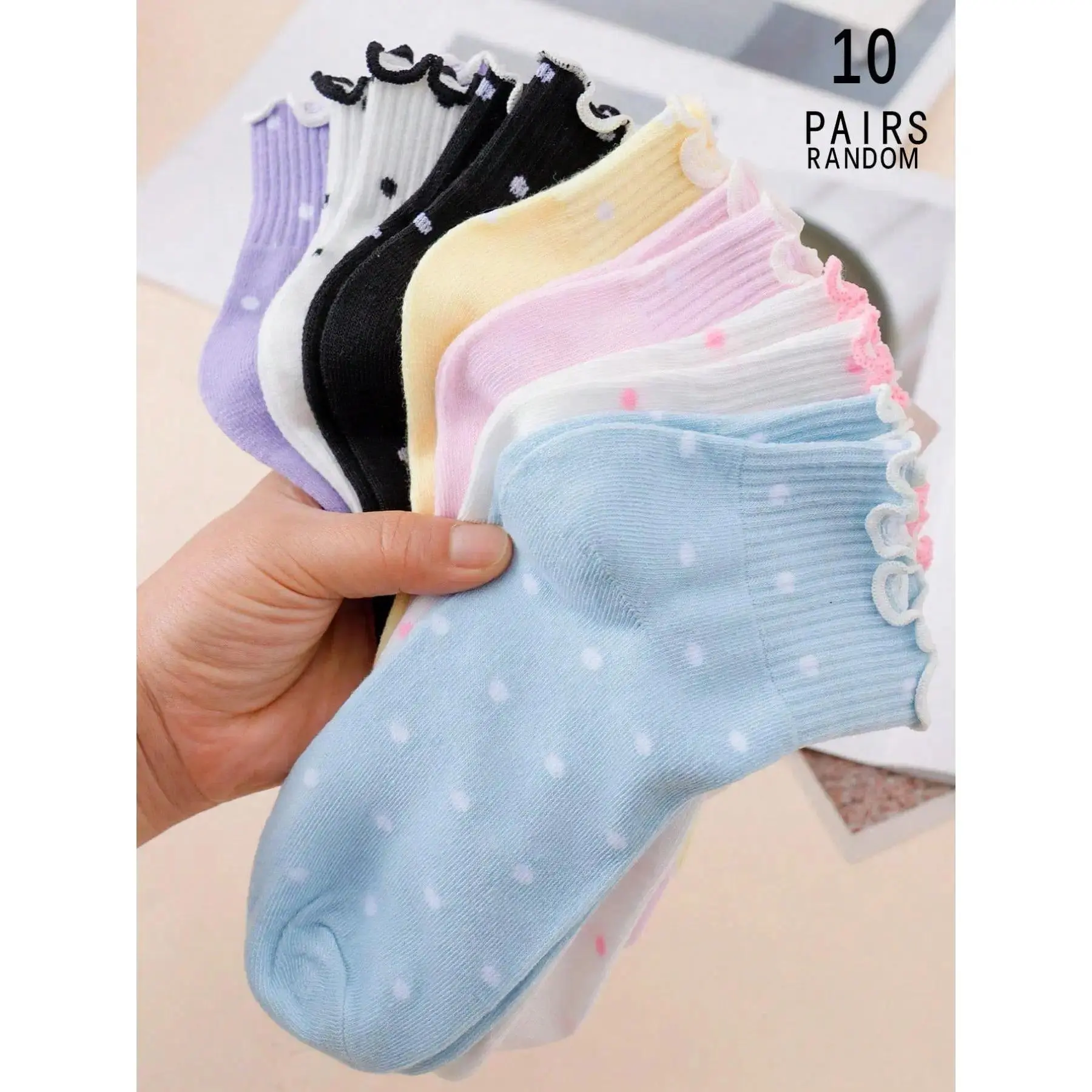 Women's Ankle Socks, Cute Satin Polka Dot JK Lolita Style with Ruffled Trim for Casual Wear, All Seasons, 5/7/10 Pair Random Assortment Pack, Adults, Black, 5 Pairs, Socks For Women, Casual Comfy Socks