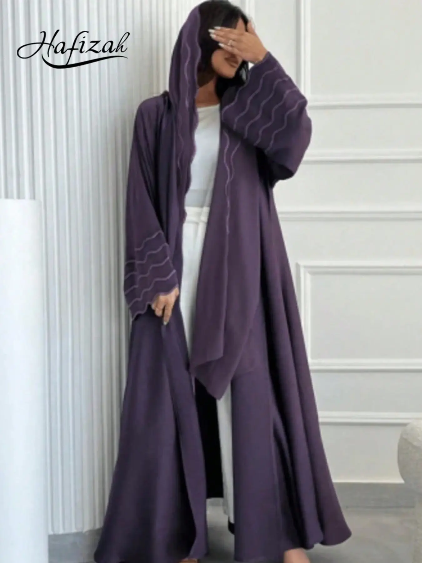 Wave Line Embroidered Long Relaxed Cardigan and Rectangular Scarf Set, Solid Matte Oversize Casual Women's Outerwear, All Seasons Loose-Fit