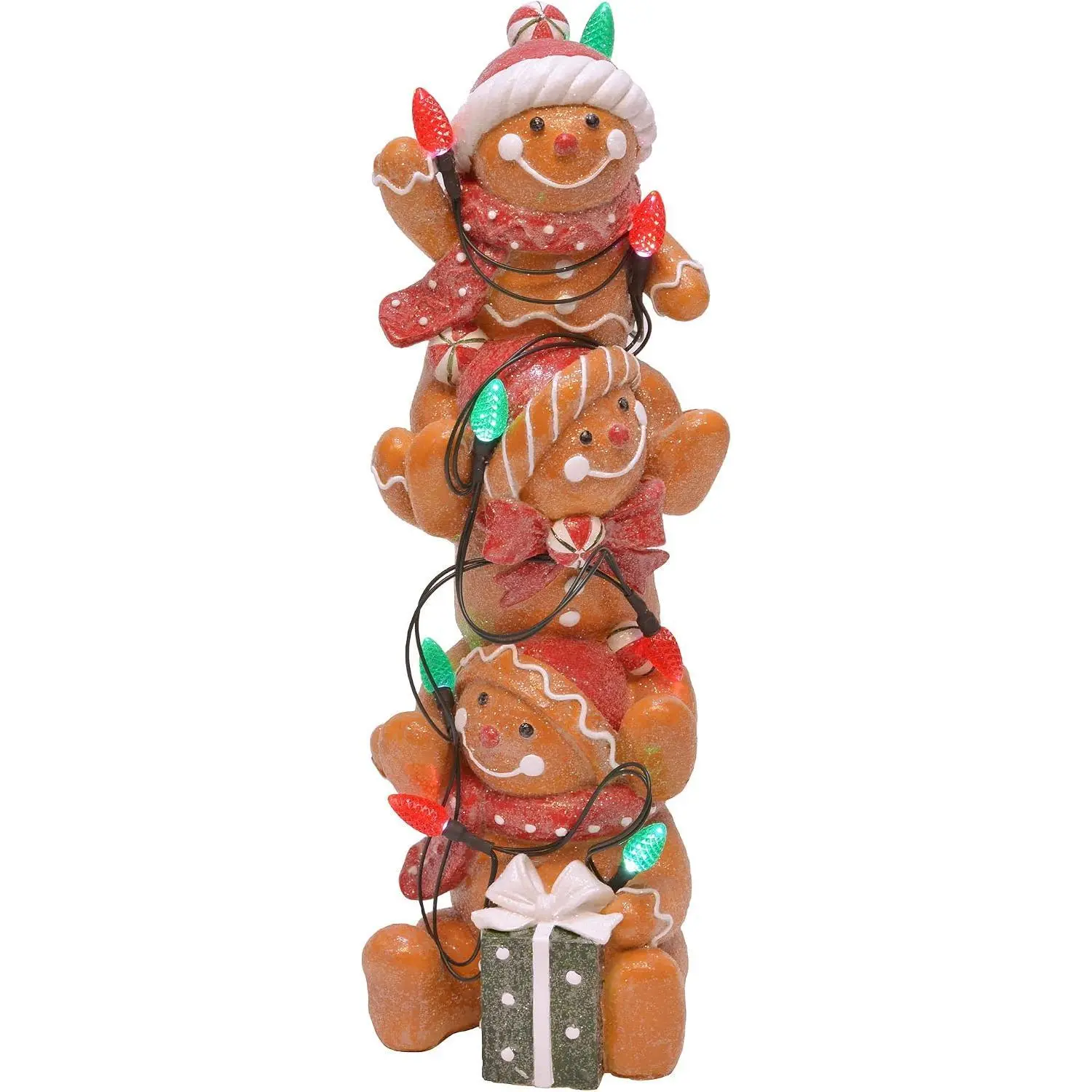 Mark Feldstein Associates Holiday Stacked Gingerbread Men Tabletop Figurine Decor with LED C7 Bulbs, 12 Inch