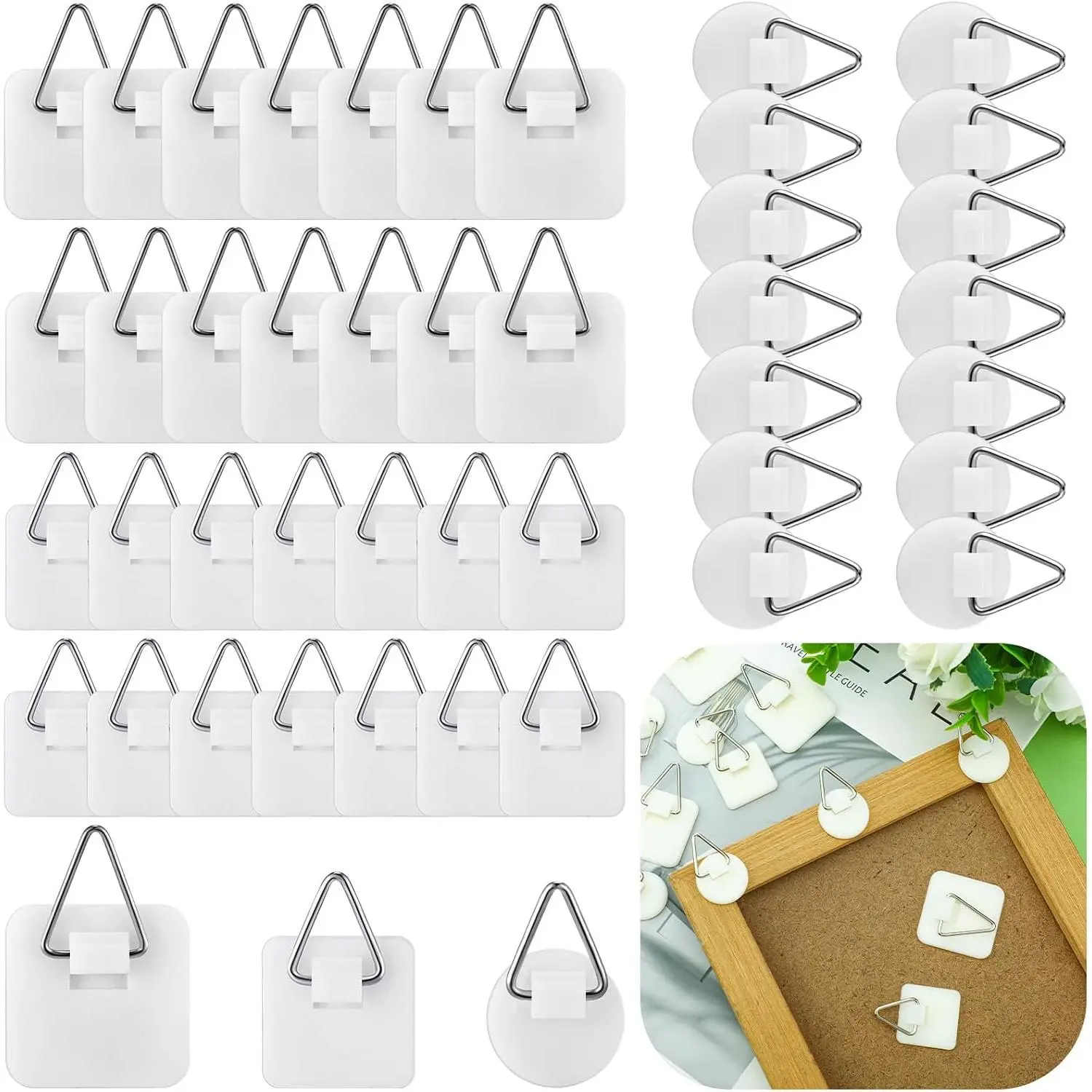 45 count Adhesive Picture Hanger Foamboard Picture  Hooks Without Nails Plastic Sticky Photo Hooks for  Wall Art Photo Frame Bathroom Closet (Round,Square)